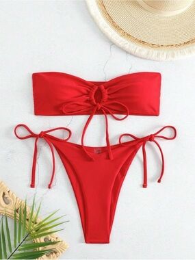 Red Strapless Tie-Side Bikini Set